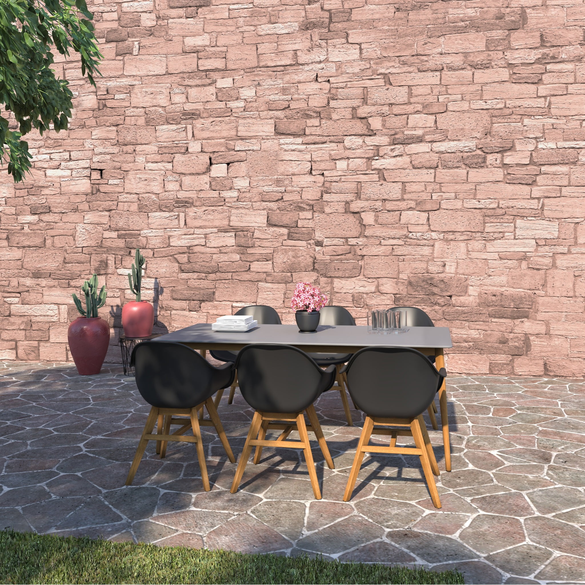 Amazonia Berna 7-Piece Patio Rectangular Dining Table Set, Eucalyptus Wood, Ideal for Outdoors and Indoors, Black Chairs
