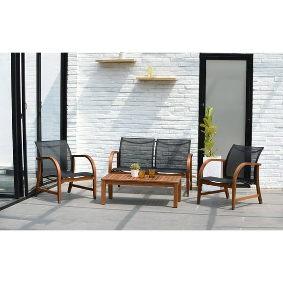 Amazonia Brooklyn 4-Piece Seating Patio Conversation Set, Eucalyptus Wood, Ideal for Outdoors and Indoors, Brown