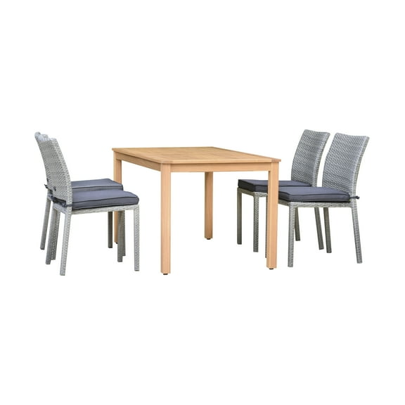 Amazonia Brooklyn 5 Piece Rectangular Eucalyptus Patio Dining set Teak Finish and Grey Wicker Chairs Durable and Ideal for Outdoors