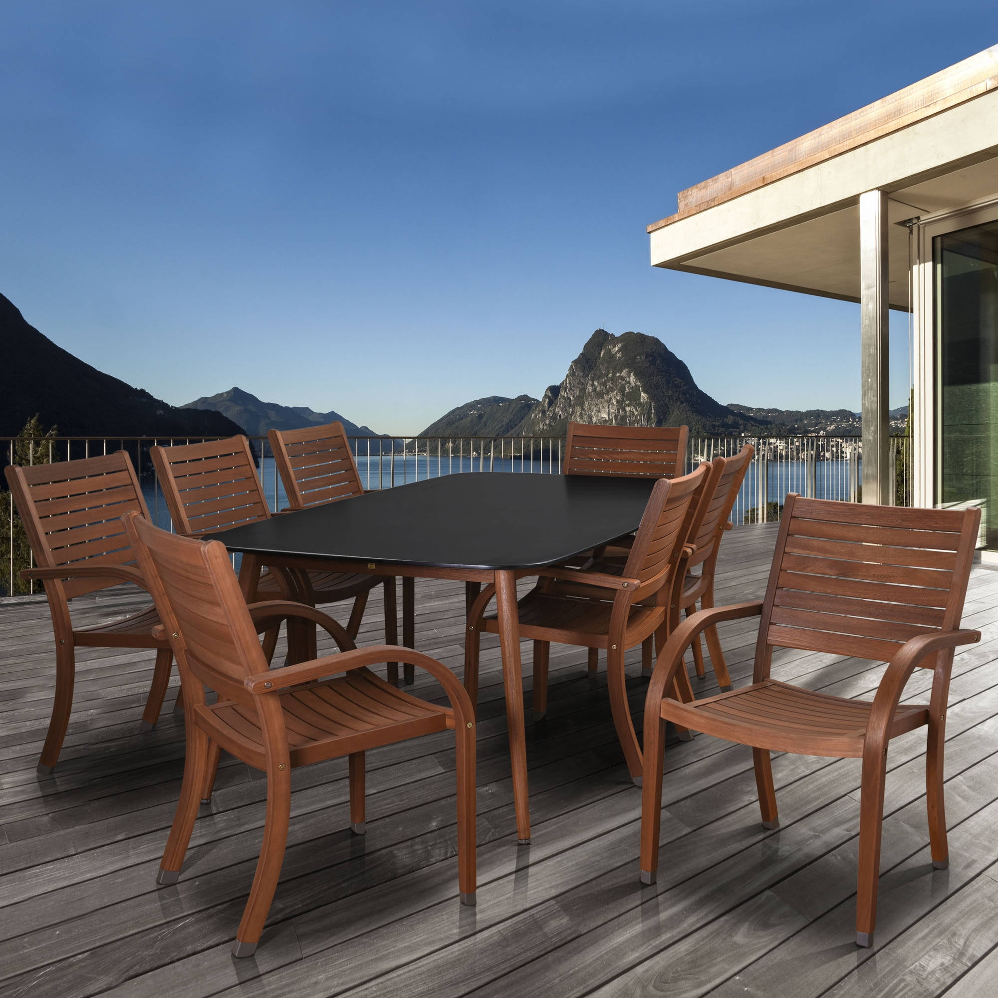 Amazonia Casual 9-Piece Eucalyptus Wood Patio Furniture Set with Catalina Stacking Armchairs, Black