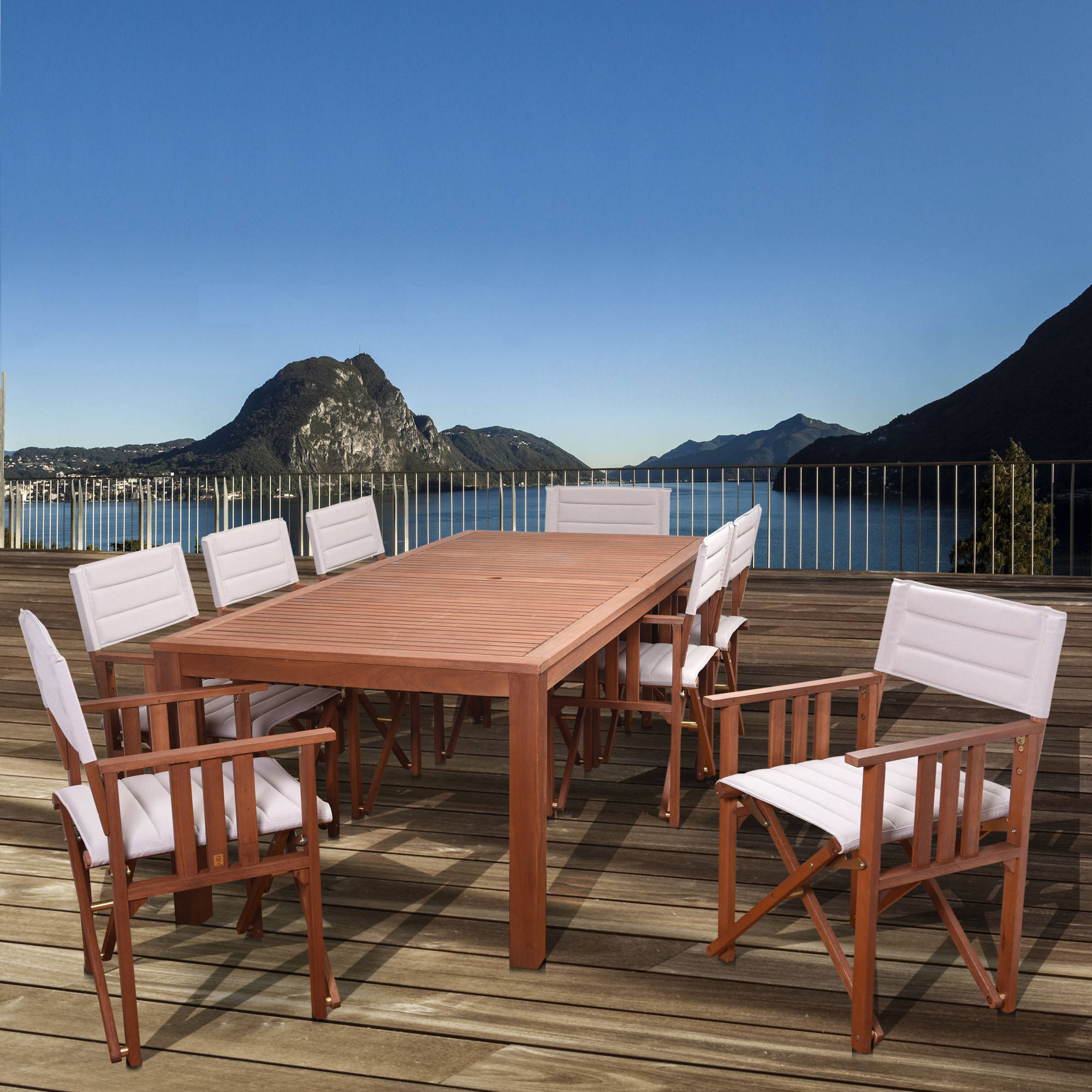 Amazonia Eucalyptus Wood Dining Set with 8 Taos Director Chairs, Khaki
