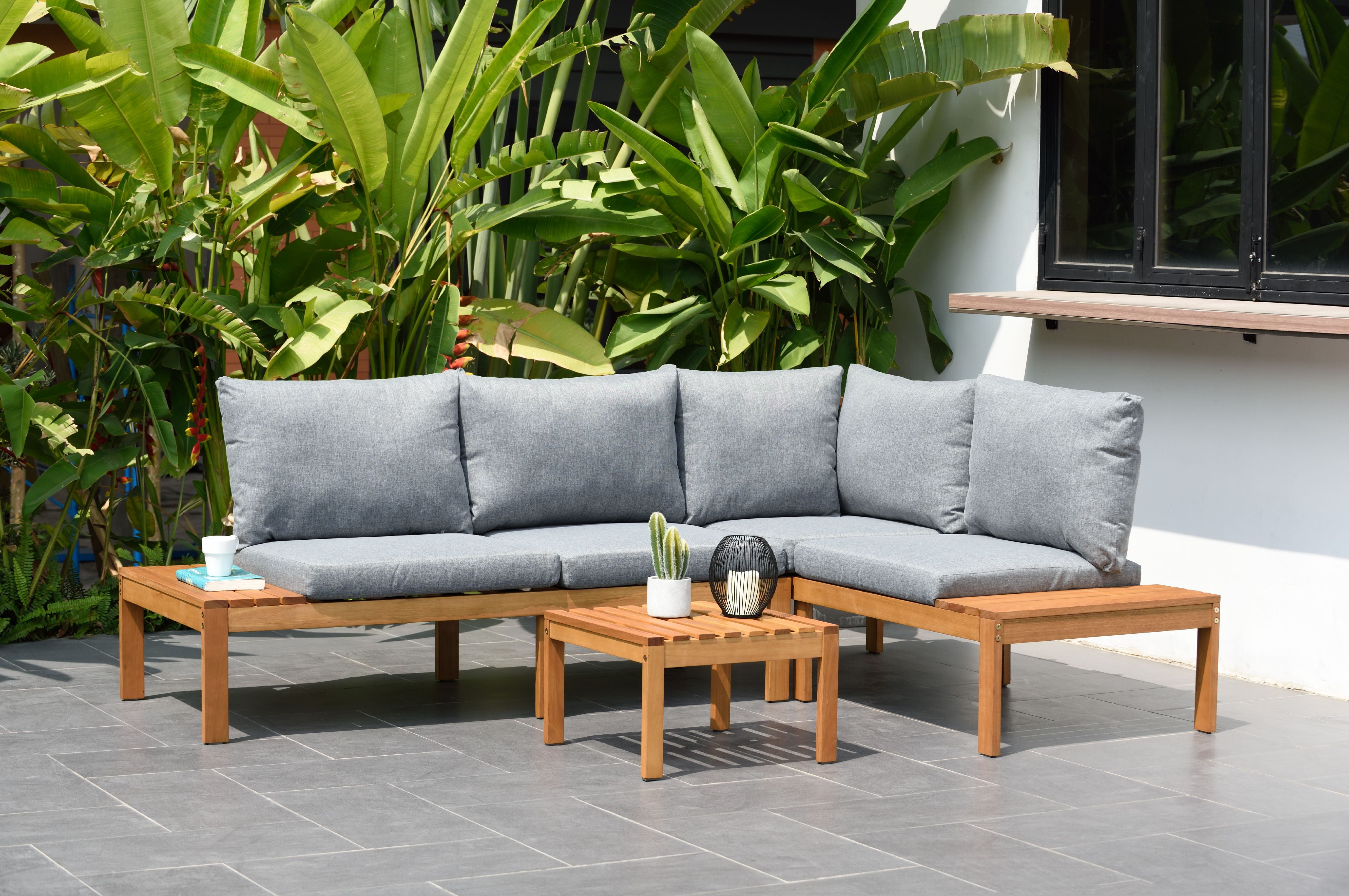 Amazonia Giffo 3 Pieces Teak Patio Conversation Set W/Gray Cushions
