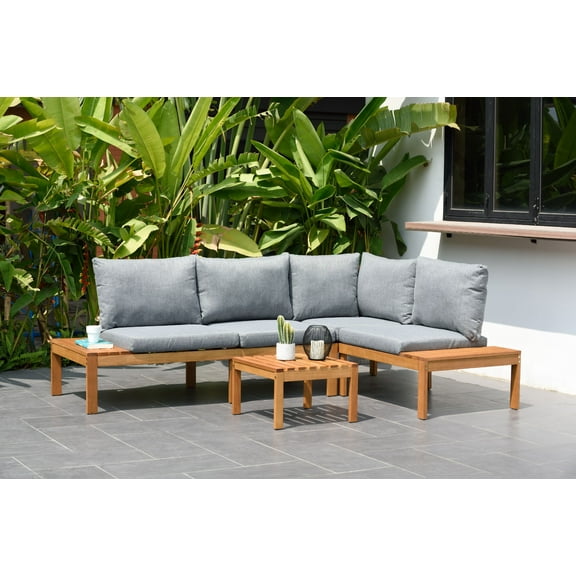 Amazonia Giffo 3 Pieces Teak Patio Conversation Set W/Gray Cushions