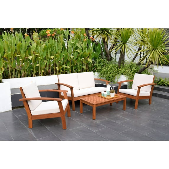 Amazonia 4-Piece Solid Wood Outdoor Conversation Set, Natural/Off-White