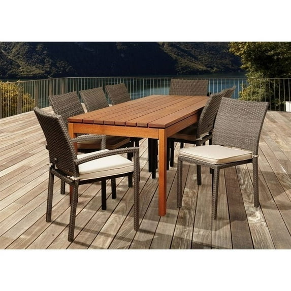 Amazonia Marchello 9-Piece Eucalyptus/Wicker Rectangular Patio Dining Set w/Cushions, Seating Capacity: 8