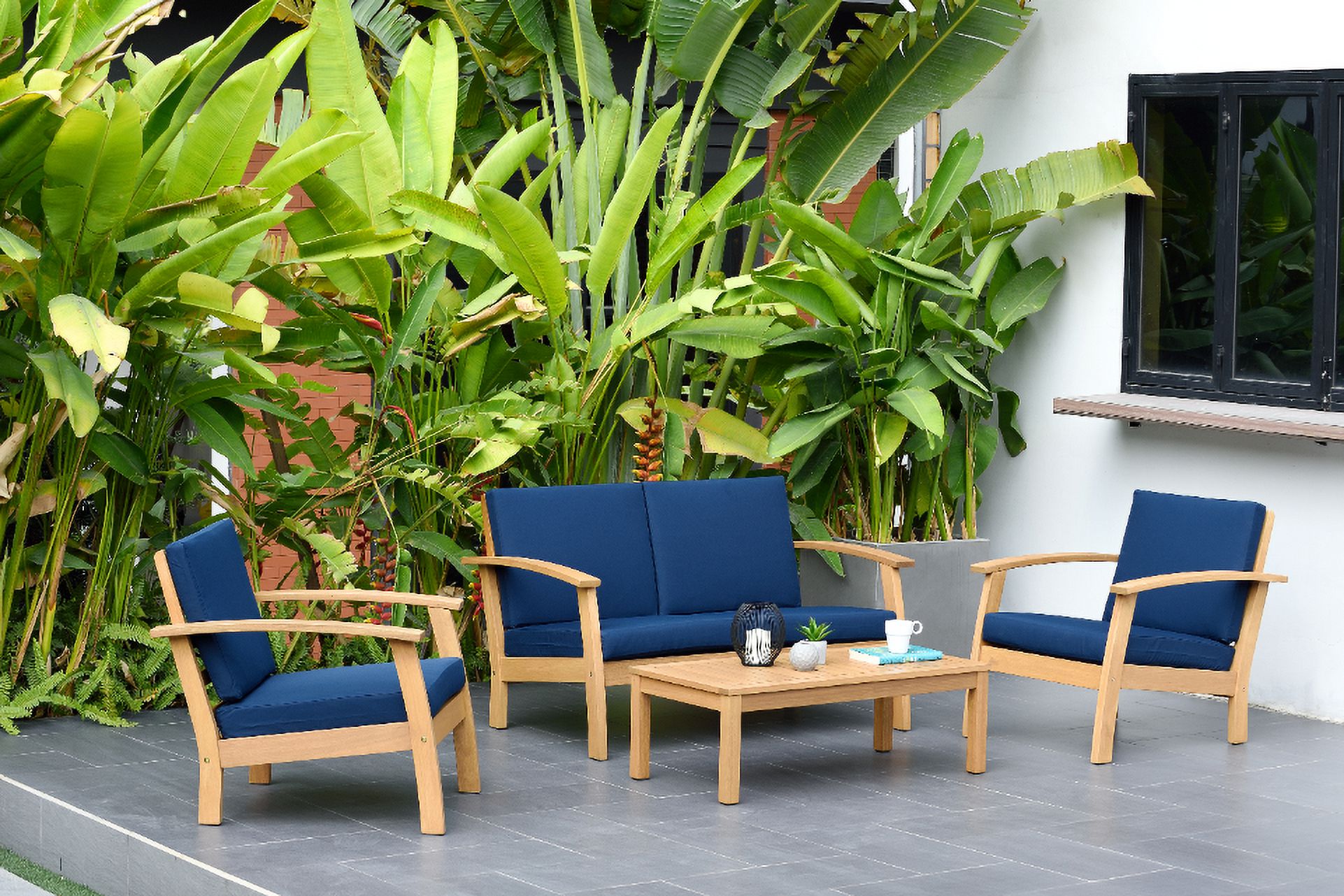 Amazonia Montein Teak Finish 4 Pieces Patio Conversation Set with Comfortable Cushions, Blue - image 1 of 10