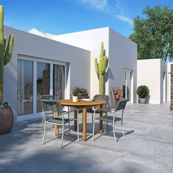 Amazonia Navilly 5-Piece Teak Outdoor Dining Set, Round, Light Brown, Seats 4