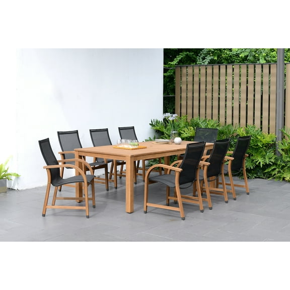 Amazonia 9 Piece Contemporary Eucalyptus Wood Dining Table Set, Brown/Black