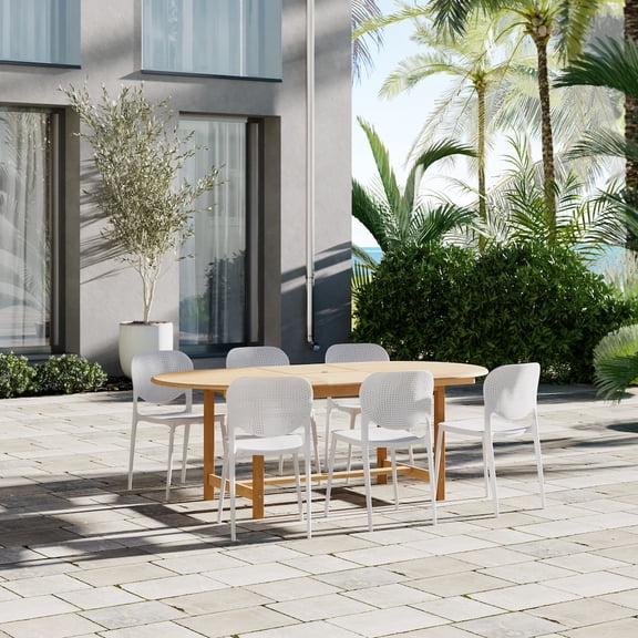 Amazonia Oldham 7- Piece Teak Wood Outdoor Dining Set White