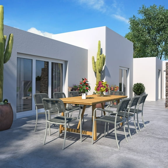 Amazonia Ostende 9-Piece Patio Rectangular Table Set, Certified Teak, Ideal for Outdoors and Indoors