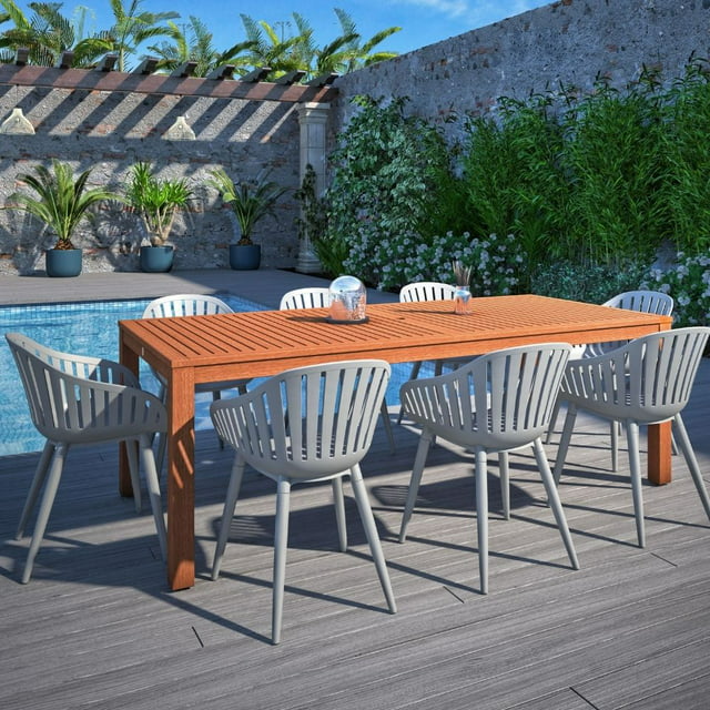 Amazonia Paraty 9-Piece Patio Dining Table Set, Eucalyptus Wood & Aluminum, Ideal for Outdoors and Indoors, Grey