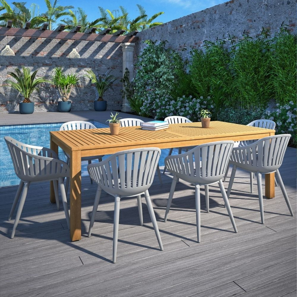 Amazonia Paraty 9-Piece Patio Dining Table Set, Teak Finish & Aluminum, Ideal for Outdoors and Indoors, Grey