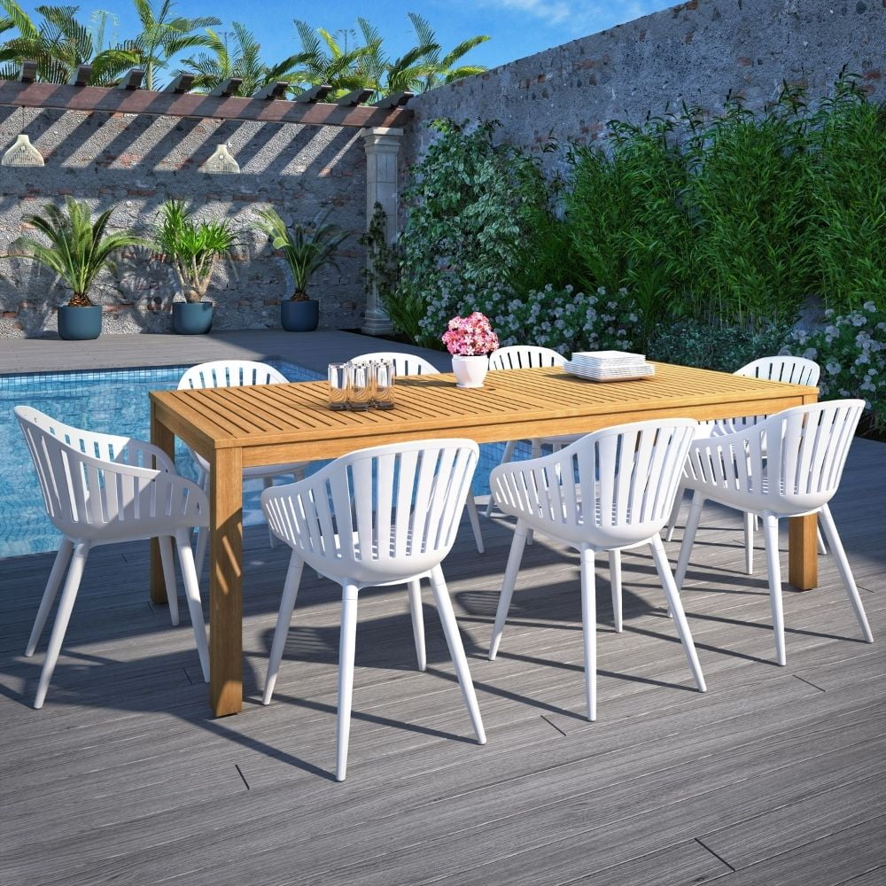 Amazonia Paraty 9-Piece Patio Dining Table Set, Teak Finish & Aluminum, Ideal for Outdoors and Indoors, White