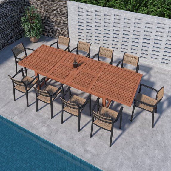Amazonia Porto Coralina 11-Piece Dark Finish Wood 100% FSC Rectangular Patio Dining Set