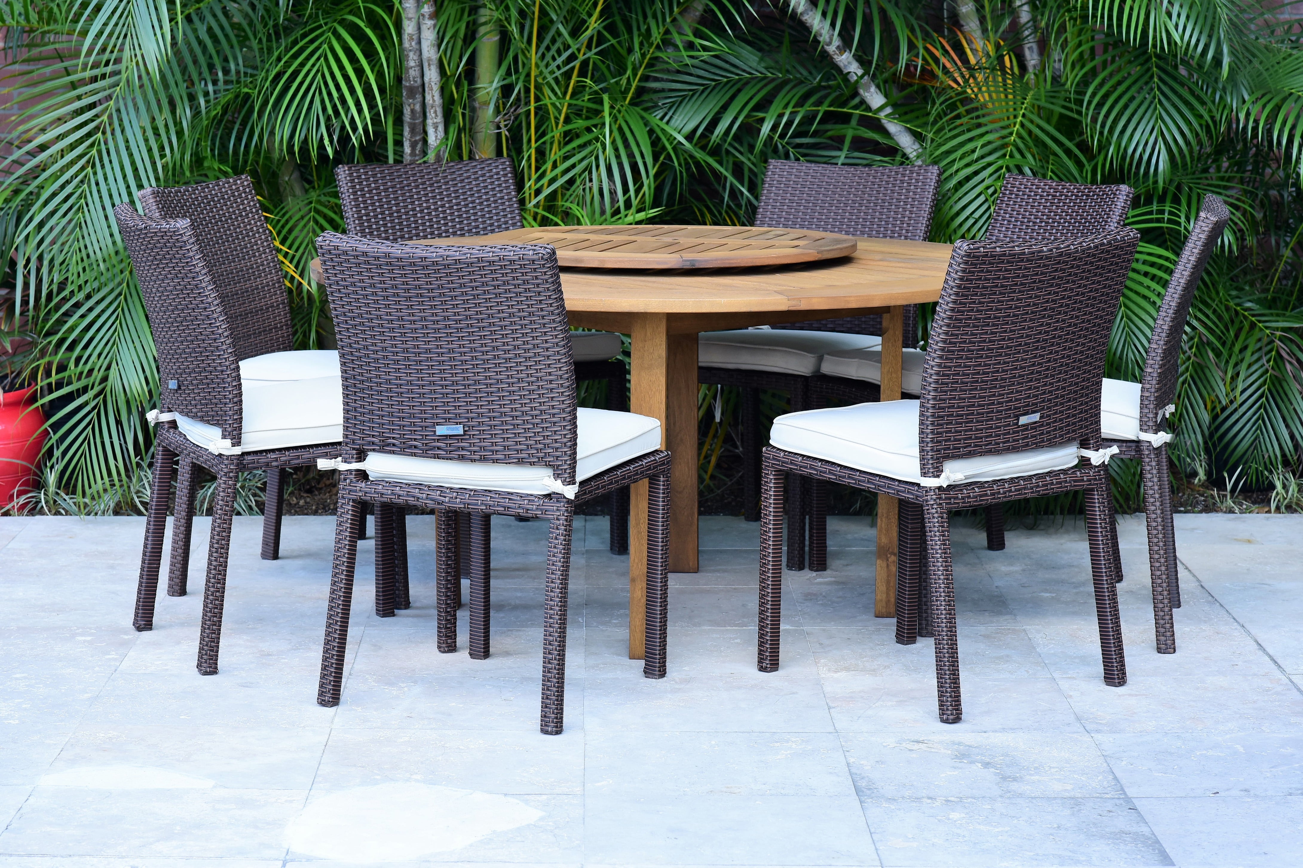 Amazonia Prague 9 Pieces Lazy Susan Teak Finish Round Patio Dining Set, seating capacity: 8
