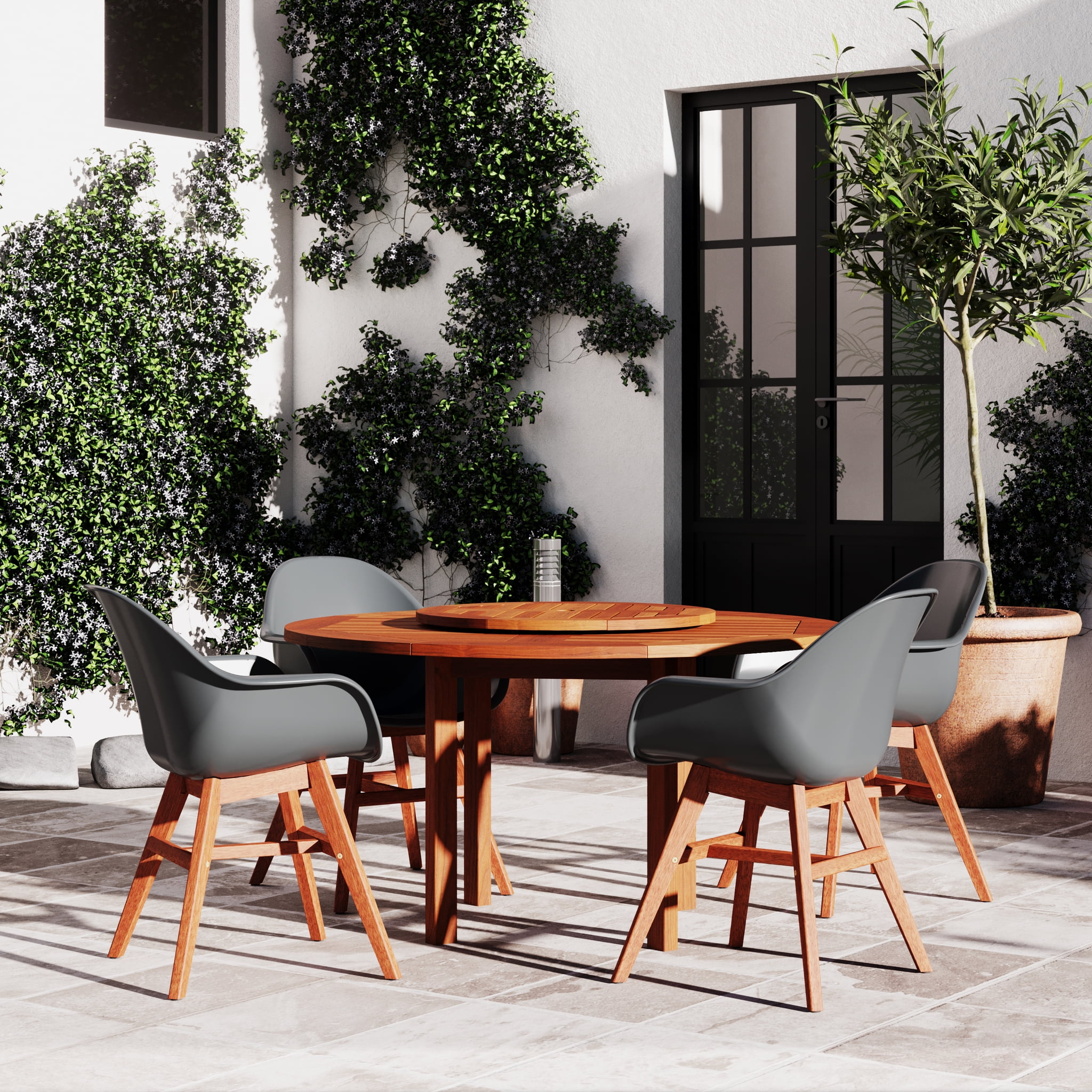 Amazonia Pubil 5-Piece Patio Round Lazy Susan Dining Table Set, Teak Finish, Ideal for Outdoors and Indoors