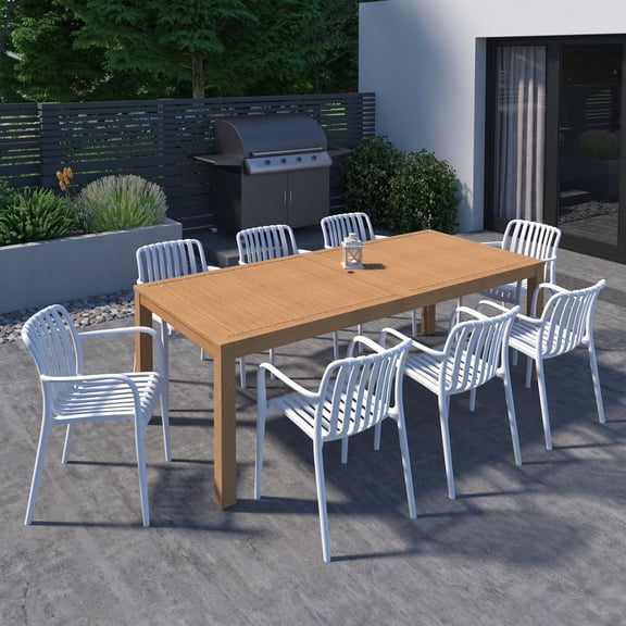 Amazonia Saint-Pierre 9-Piece Teak Finish Wood 100% FSC Rectangular Patio Dining Set White