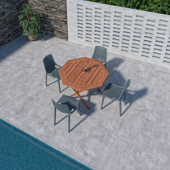 Amazonia Saralegui 5-Piece Solid Wood 100% FSC Octogonal Patio Dining Set, Gray Chairs, Seating Capacity: 4