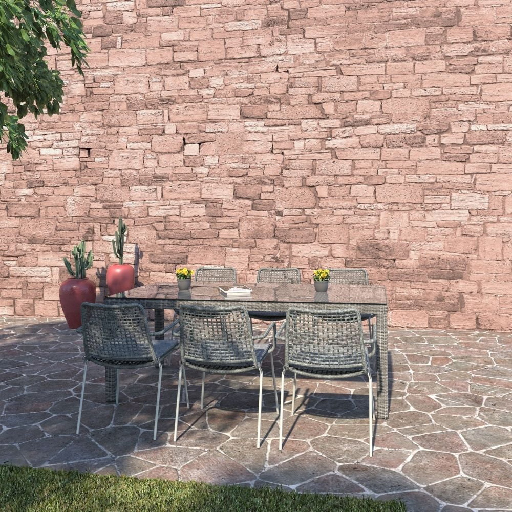 Amazonia Vierzon 7-Piece Patio Rectangular Dining Table Set | Wicker Table | Ideal for Outdoors and Indoors, Grey Cushions