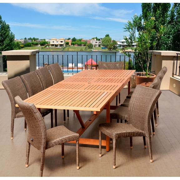 Amazonia Weston 11-Piece Solid Wood 100% FSC and Eco-Friendly Wicker Extendable Patio Dining Set