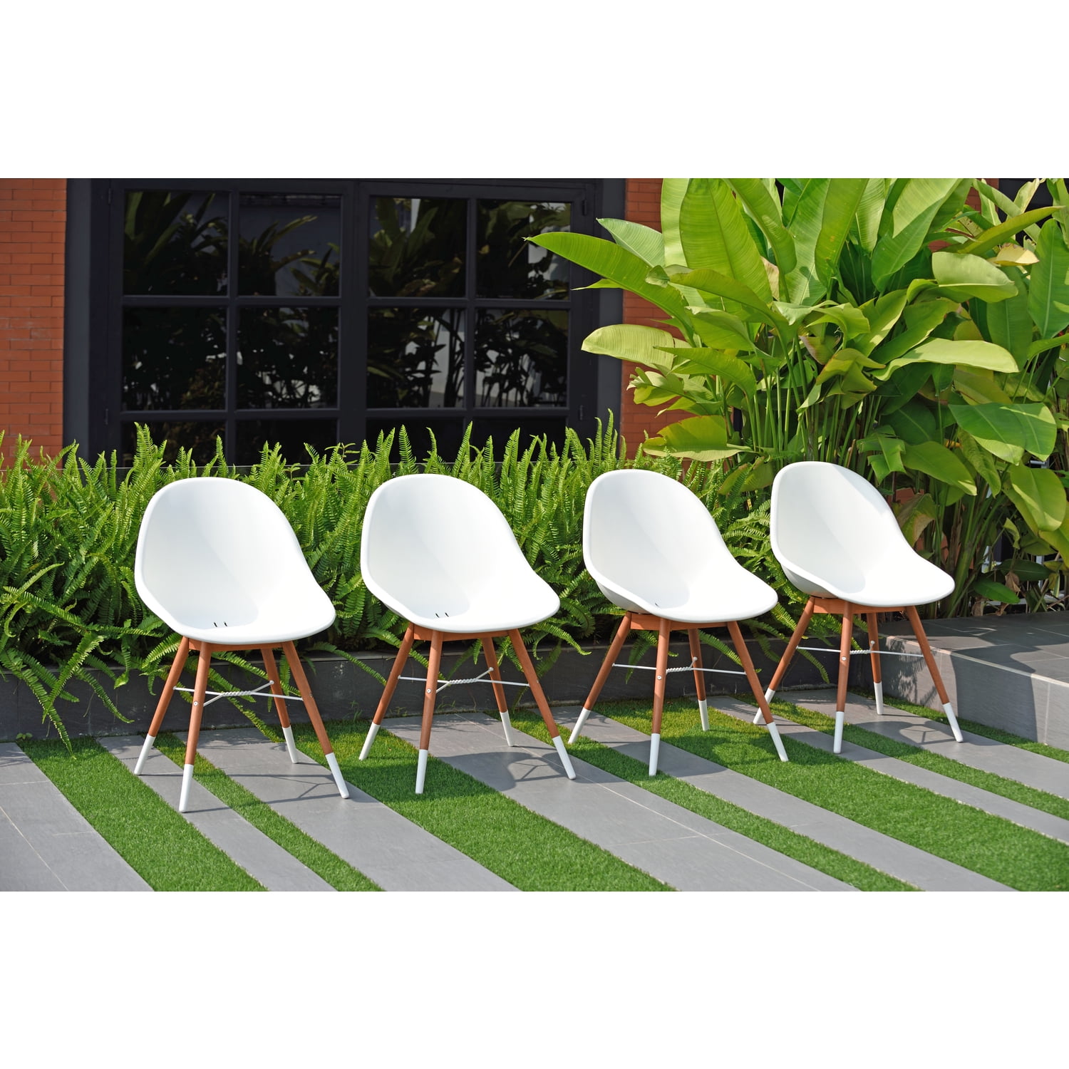 White and Teak Armless Dining Chairs Set of 4