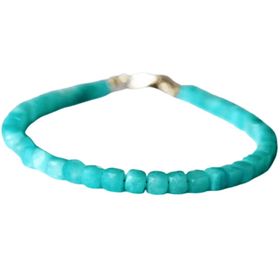 Amazonite 6mm Cube Shape Faceted Cut Beads 7 inch Silver Plated Clasp Bracelet for men, women, unisex. Link Chain Stacking Bracelet.|LINK_00090