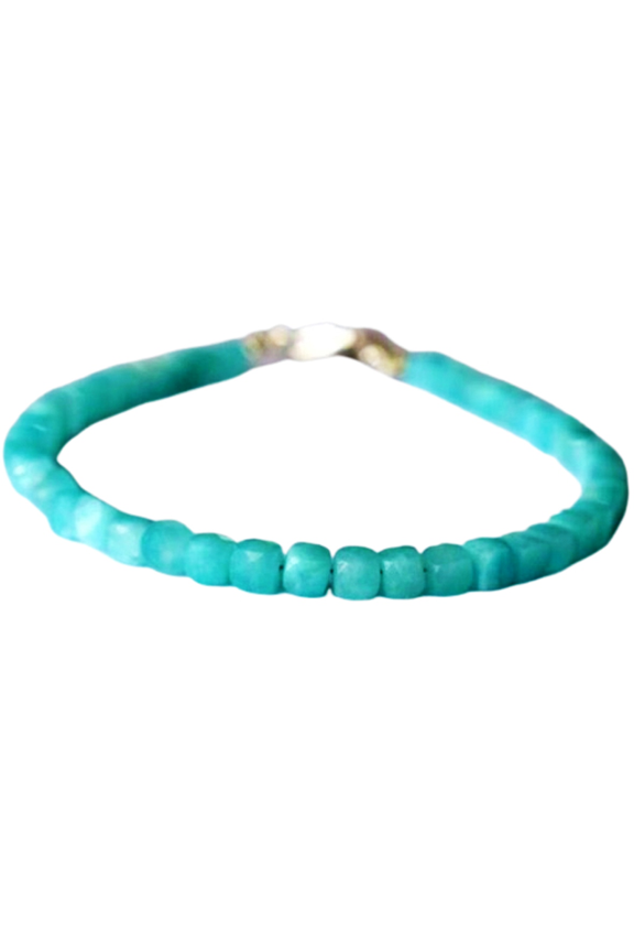 Amazonite 6mm Cube Shape Faceted Cut Beads 7 inch Silver Plated Clasp Bracelet for men, women, unisex. Link Chain Stacking Bracelet.|LINK_00090