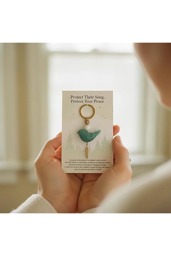 Amazonite Bird Keychain with Inspirational Card, "Protect Your Peace" Green Stone Charm with Gold Feather, Boho Macrame Bag Accessory Gift for Friend