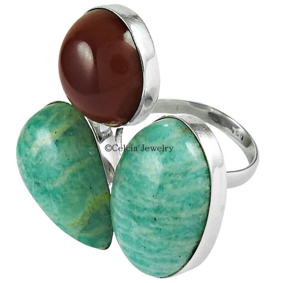 Amazonite & Carnelian Multi Gemstone Stackable Adjustable Ring, Antique Designer Handmade Ring For Women, Cabochon Round Pear Oval Bohemian Mothers Day Gifts Ring (amazonite, Size 7)