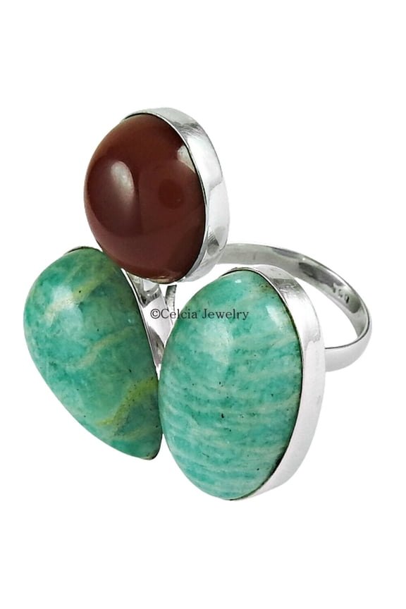 Amazonite & Carnelian Multi Gemstone Stackable Adjustable Ring, Antique Designer Handmade Ring For Women, Cabochon Round Pear Oval Bohemian Mothers Day Gifts Ring (amazonite, Size 7)