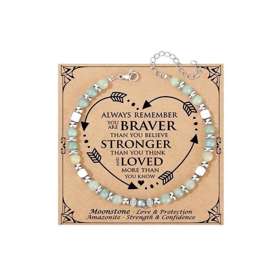 Amazonite & Moonstone Inspirational Beaded Bracelet - "Braver Stronger Loved" Gift with Sentiment Card