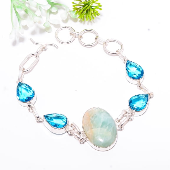 Amazonite - Russia & Blue Topaz Gemstone 925 Sterling Silver Bracelet 7.99" B4