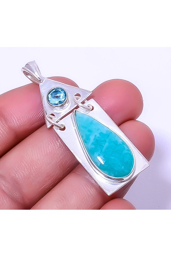 Amazonite - Russia & Blue Topaz Gemstone 925 Sterling Silver Pendant 2.15" A373, Beautiful Jewelry, New Year Sale