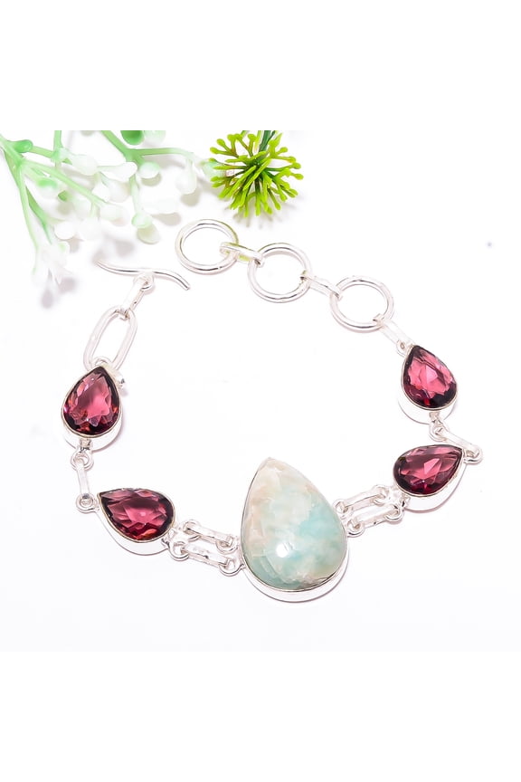 Amazonite -Russia & Pink Tourmaline 925 Sterling Silver Bracelet 7.99" B12