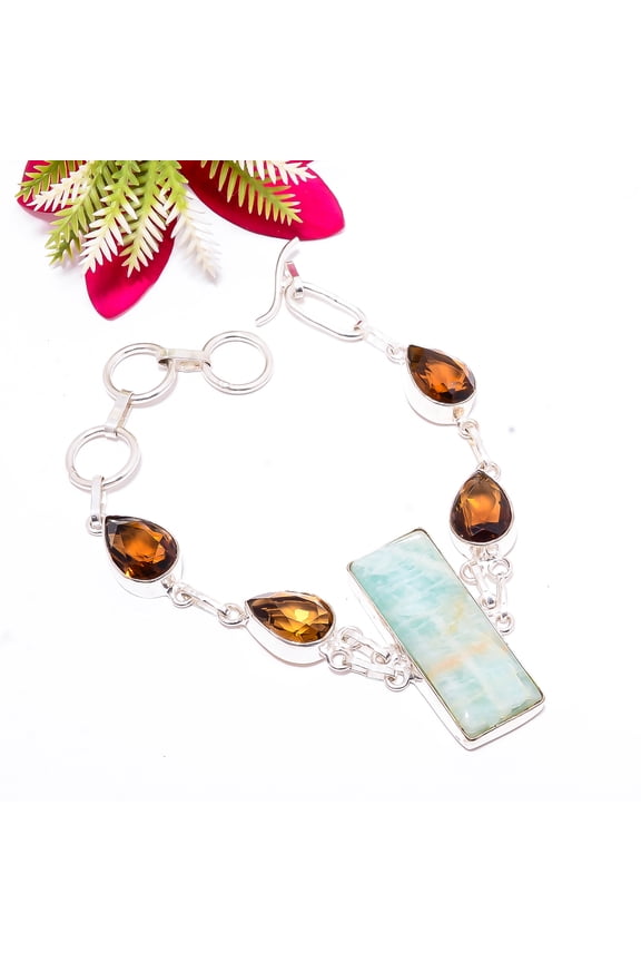 Amazonite - Russia & Smokey Quartz 925 Sterling Silver Bracelet 7.99" B14