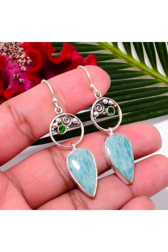 Amazonite - Russia & Tsavorite 925 Sterling Silver Handmade Earring 2.15" Sku30, Handmade Jewelry, Dangle Earring