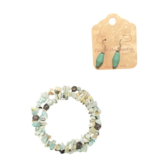 Amazonite Wrap Bracelet Sea Glass Earrings, Beachy Jewelry Set