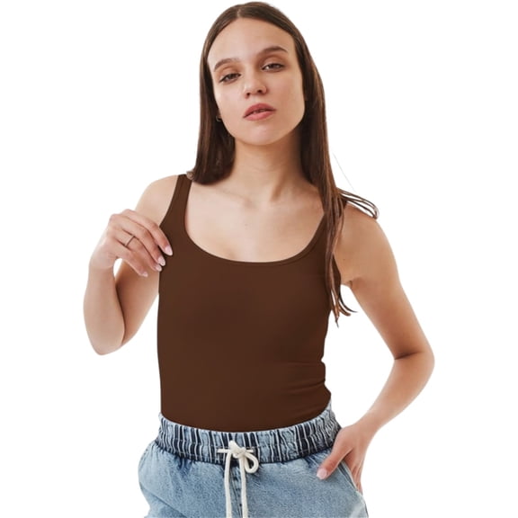Ambar Women's Basic Plain Top With Thick Straps, Brown,M - US