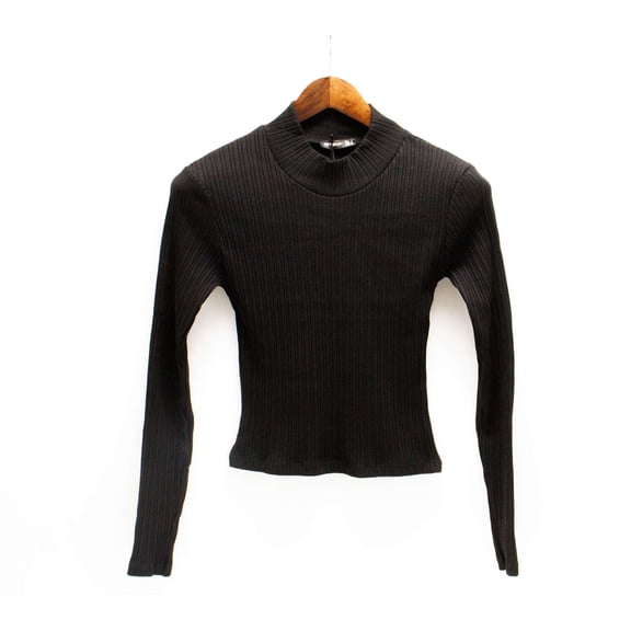 Ambar Women's Mock Neck Long Sleeve Cotton Rib Top, Black,L - US