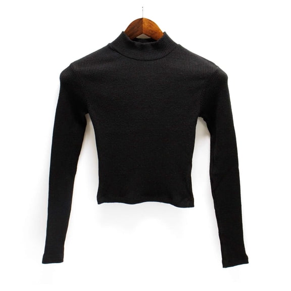 Ambar Women's Mock Neck Long Sleeve Fitted Crop Top, Black,L - US