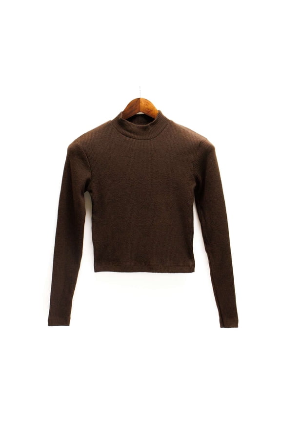 Women's Mock Neck Long Sleeve Fitted Crop Top, Brown,M - US