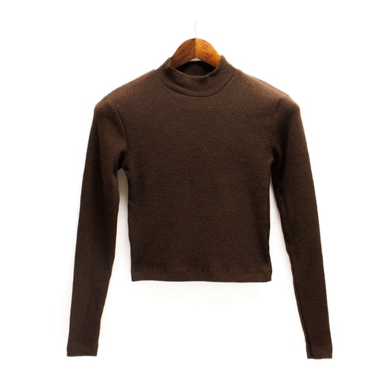 Ambar Women's Mock Neck Long Sleeve Fitted Crop Top, Brown,S - US