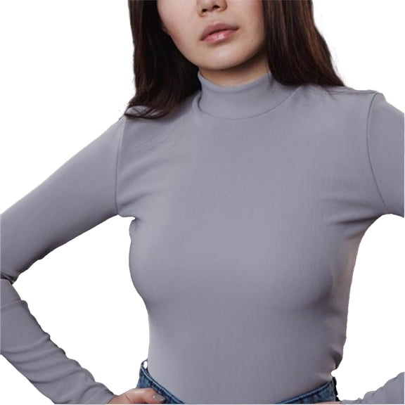 Ambar Women's Mock Neck Long Sleeve Slim Fit Ribbed Knit Top, Grey,L - US