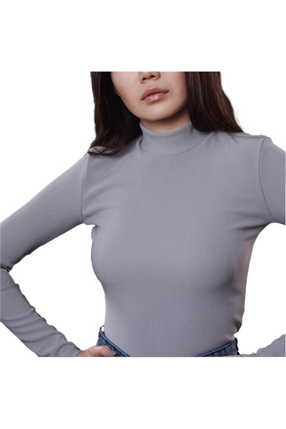 Women's Mock Neck Long Sleeve Slim Fit Ribbed Knit Top, Grey,S - US