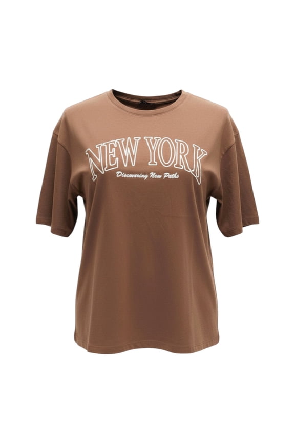 Women's New York City Logo Relaxed Fit T-Shirt, Brown,M - US