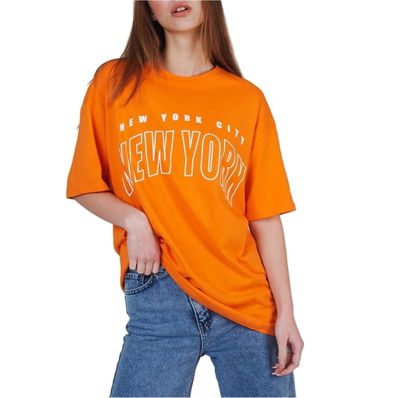 Ambar Women's New York City Logo Relaxed Fit T-Shirt, Orange,S - US