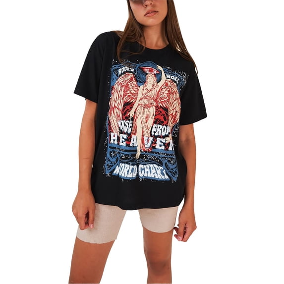 Ambar Women's Rock N Roll Relaxed Fit T-Shirt, Black,M - US