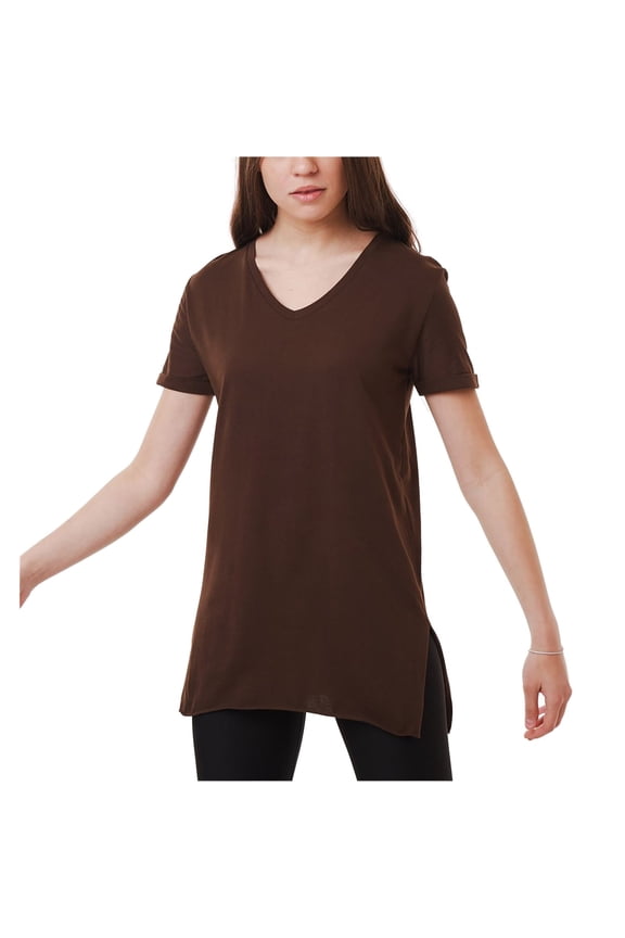 Women's V-Neck Side Slit Cotton Tunic T-Shirt, Brown,S - US