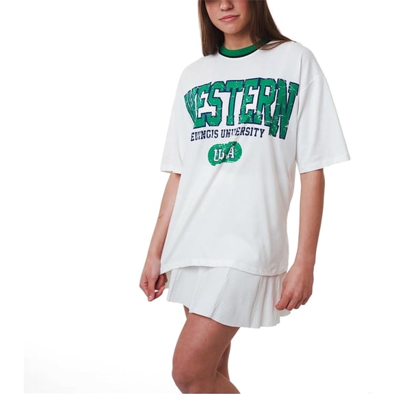 Ambar Women's Western Logo Relaxed Fit T-Shirt, White \ Green,L - US