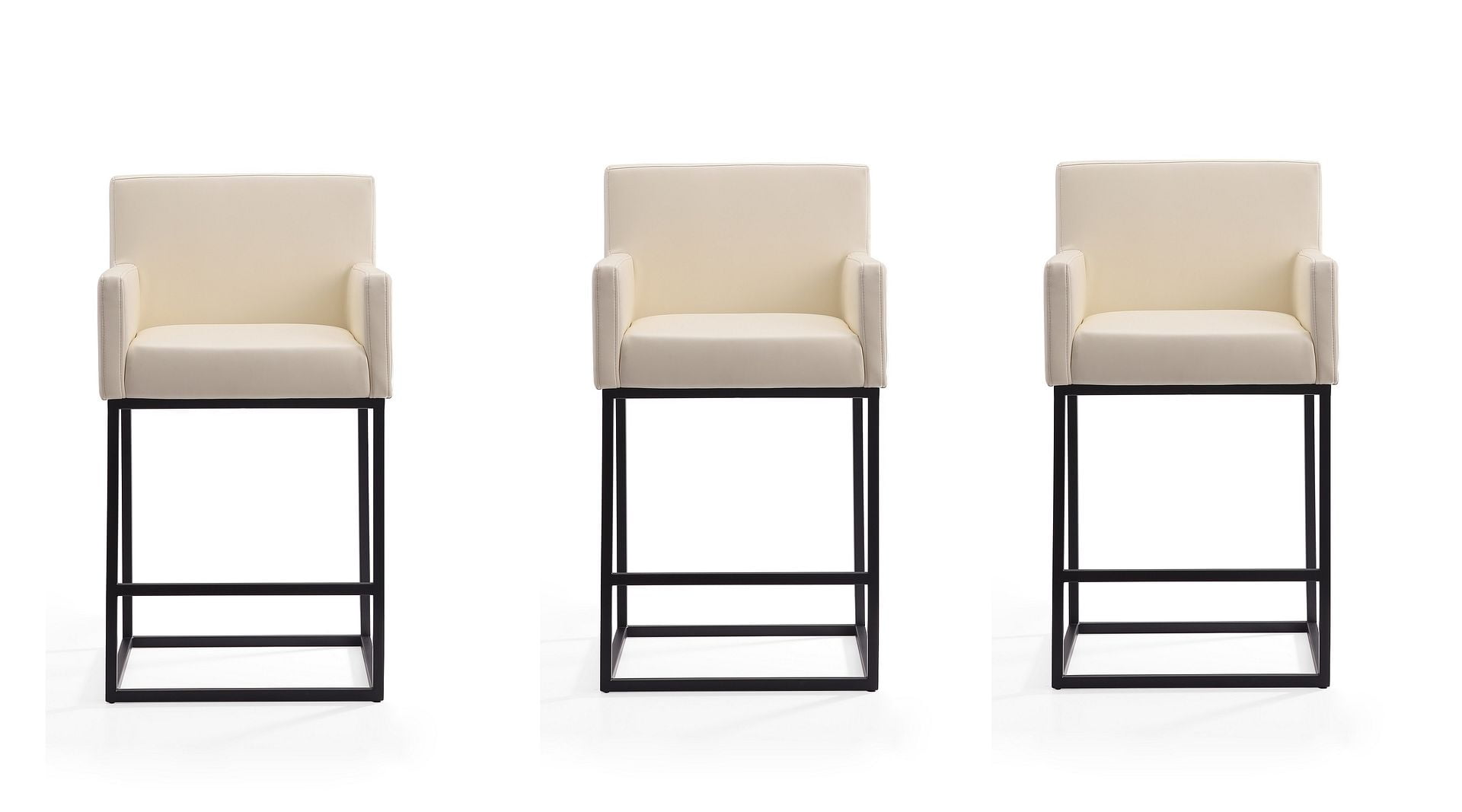 Set of 3 Cream Leather and Metal Minimalist Counter Stools